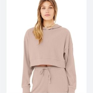Alo Yoga Muse Ribbed Cropped Longsleeve Hoodie Dusty Pink XS